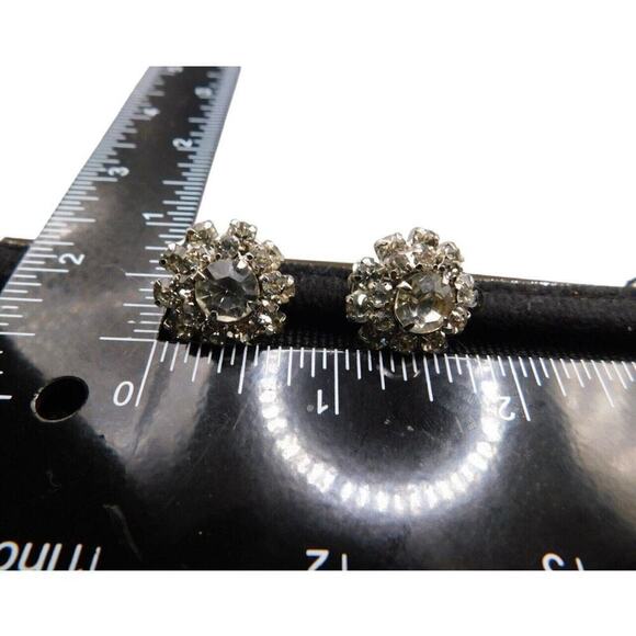 Vintage Patent Clip On Women Earrings Clustered Clear Crystals Button Shaped - Picture 2 of 6